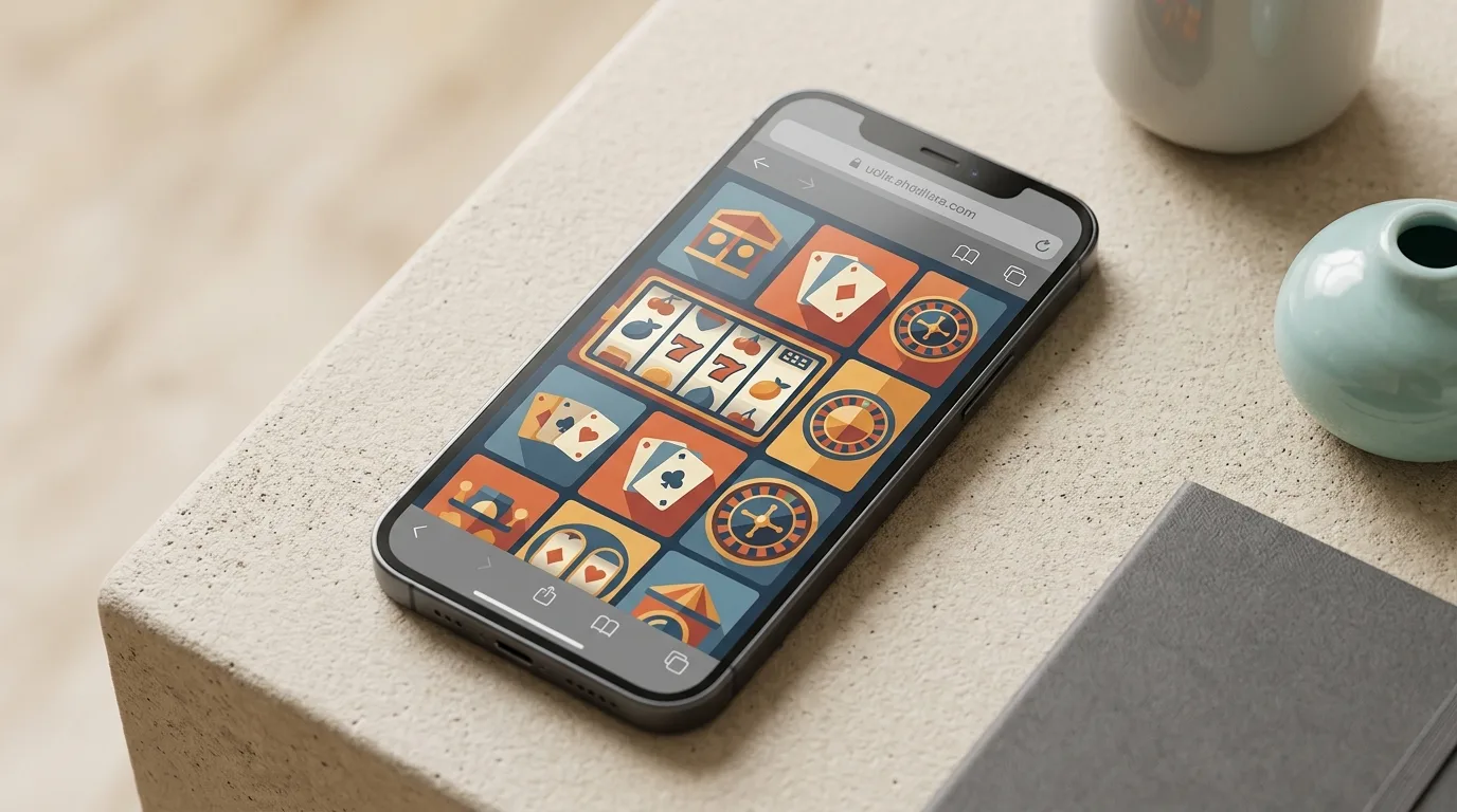 Editorial illustration of a smartphone browser with abstract casino tiles and no app-store badge