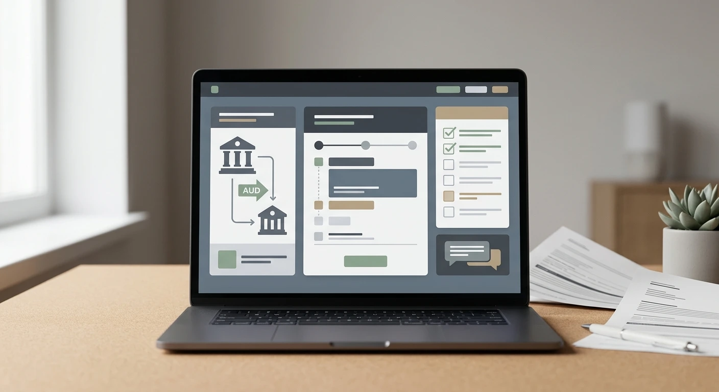 Editorial illustration of an AUD cash-out checklist with bank transfer and withdrawal-status symbols
