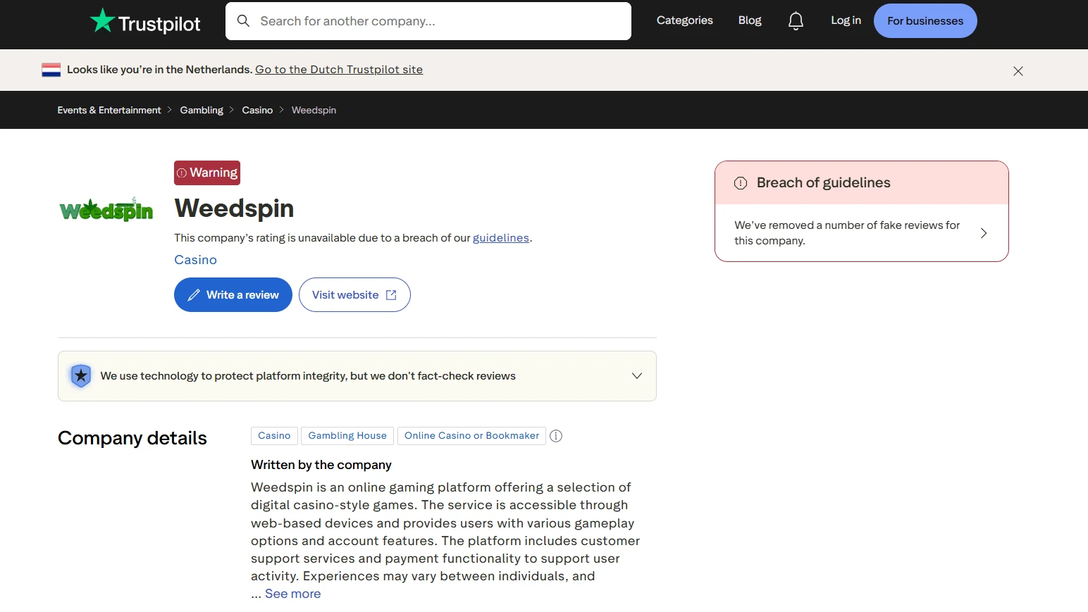 Current Weedspin Trustpilot profile showing the moderation warning