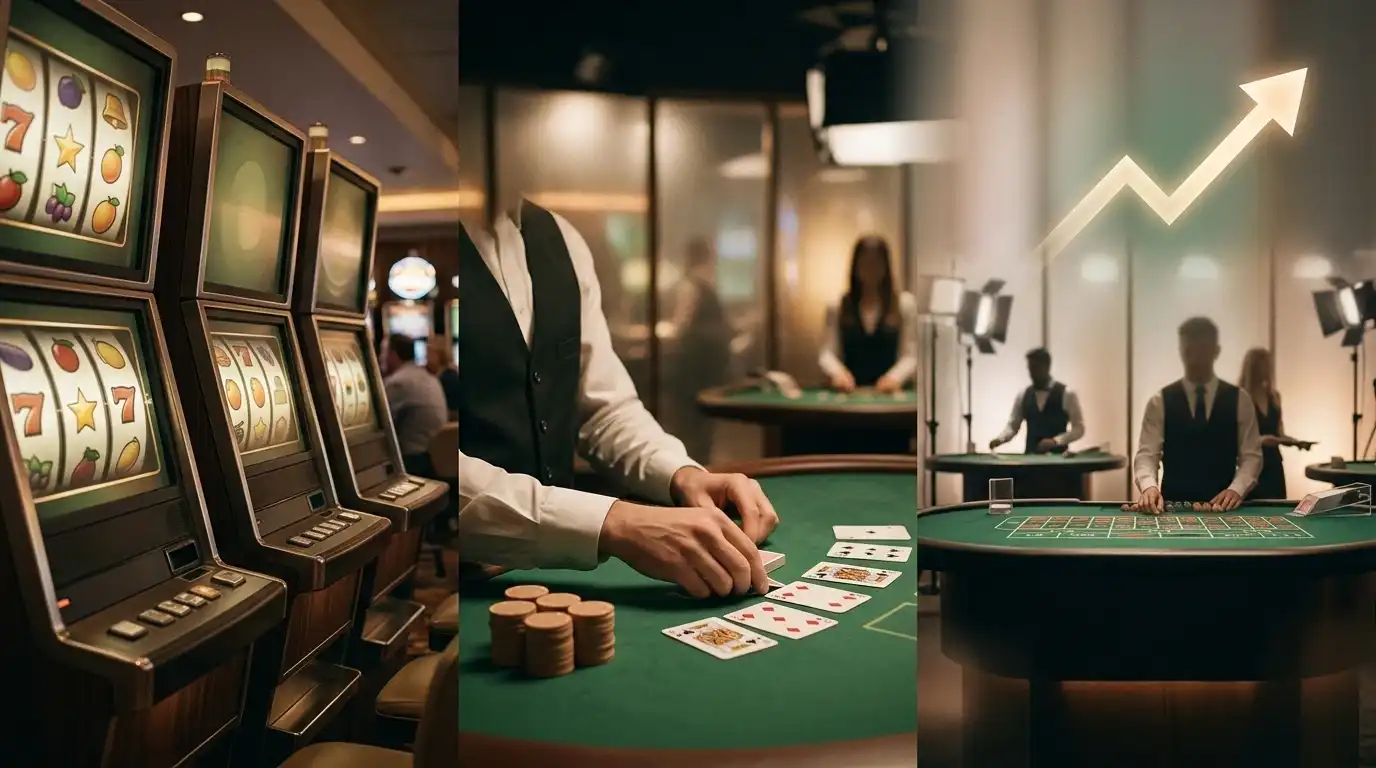 Editorial collage of neutral pokie reels, table game cards and live casino silhouettes