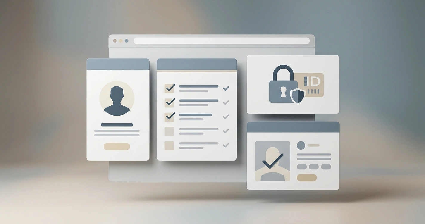 Editorial illustration of an account setup checklist with browser, profile and identity-check symbols