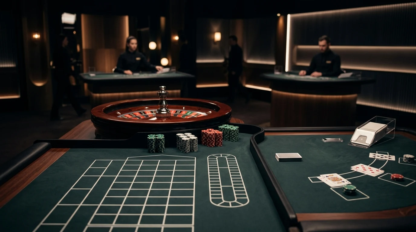 Neutral editorial illustration of live dealer tables with roulette and blackjack elements