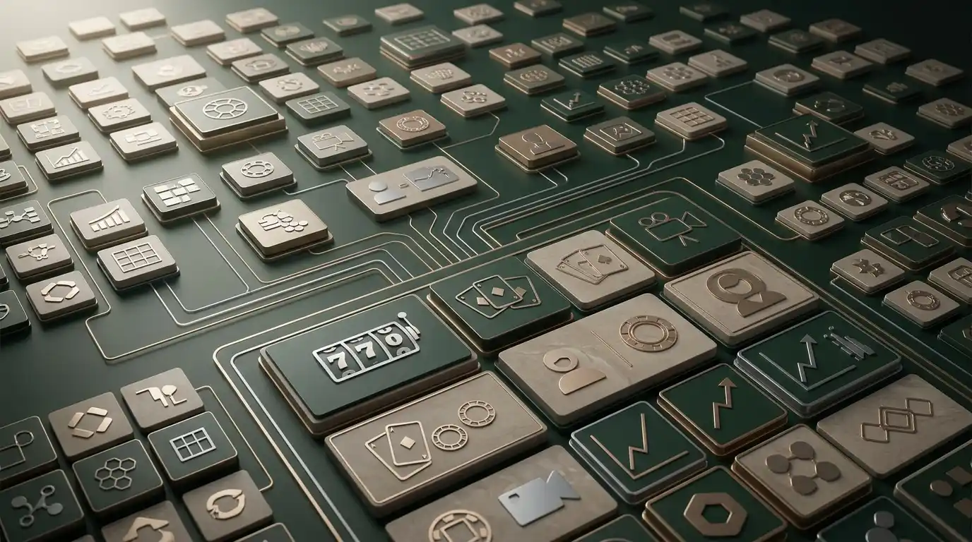 Editorial illustration of a generic casino software ecosystem with category tiles and no logos