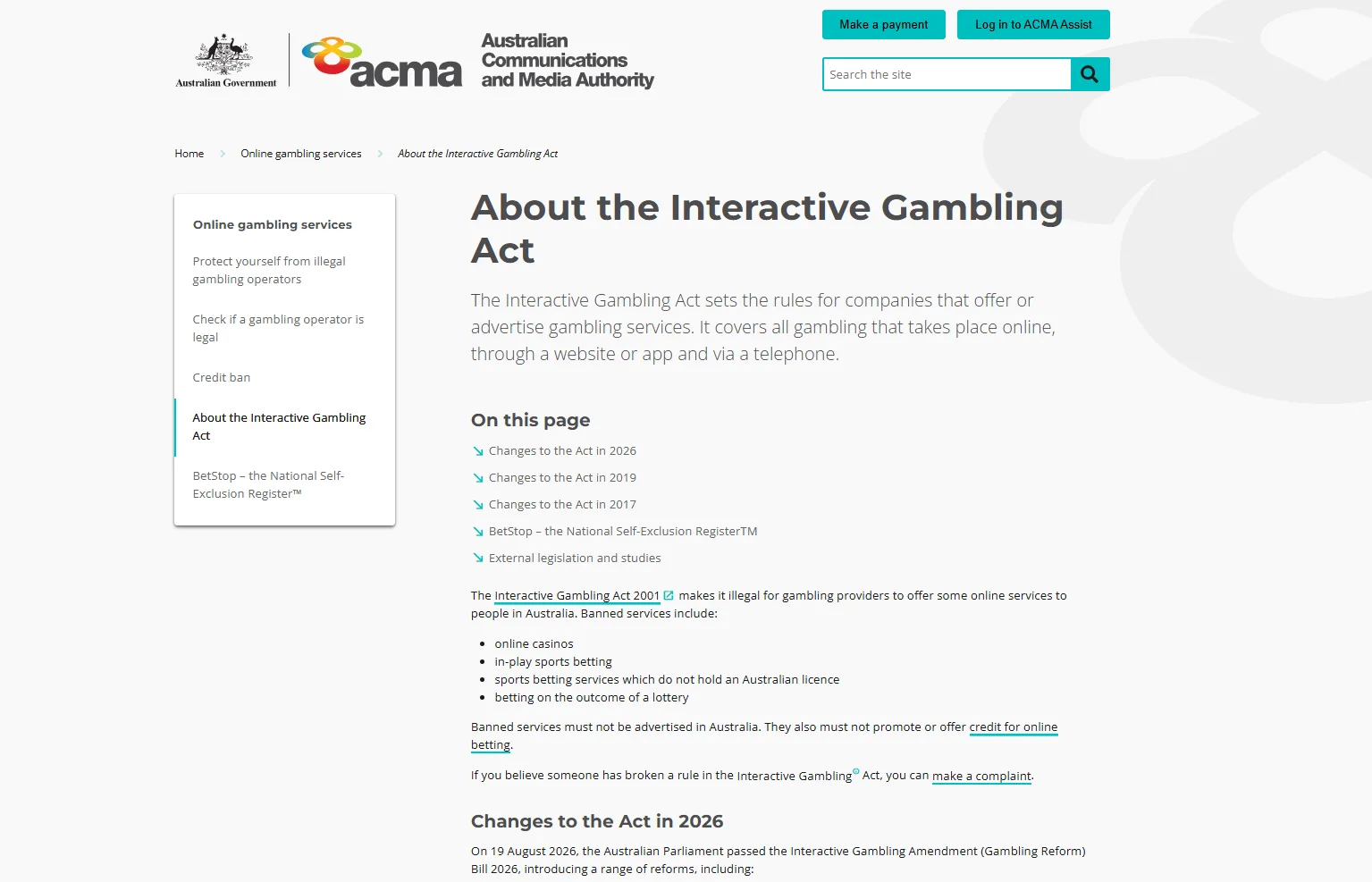 Current ACMA interactive gambling guidance relevant to the Australian legal position