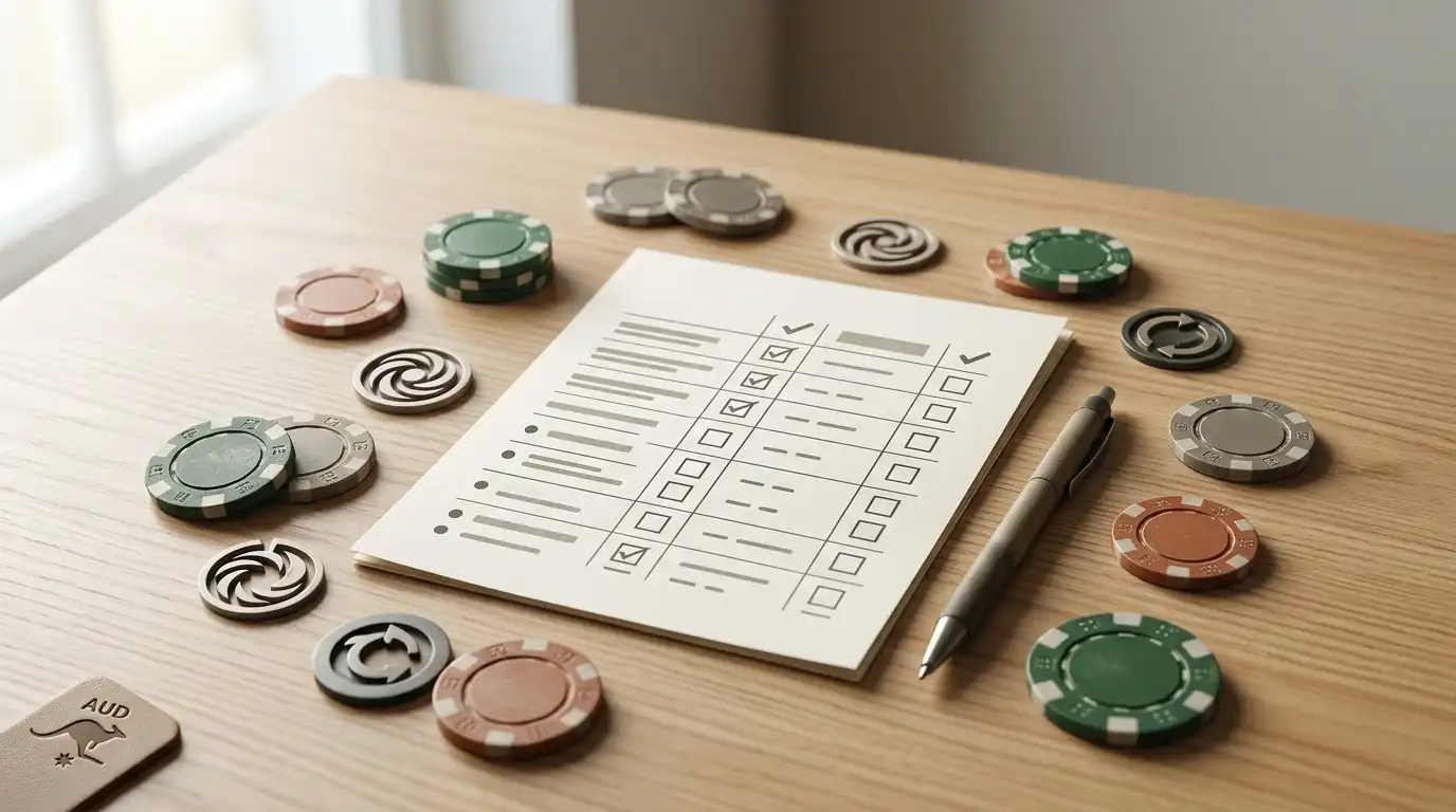 Editorial illustration of a bonus terms checklist with neutral casino symbols and an Australian dollar cue