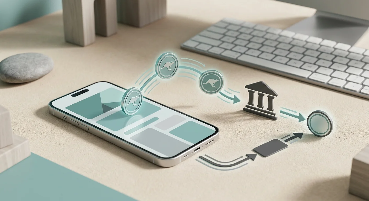Editorial illustration of Australian account-to-account payments using AUD, bank transfer and a generic PayID-style flow