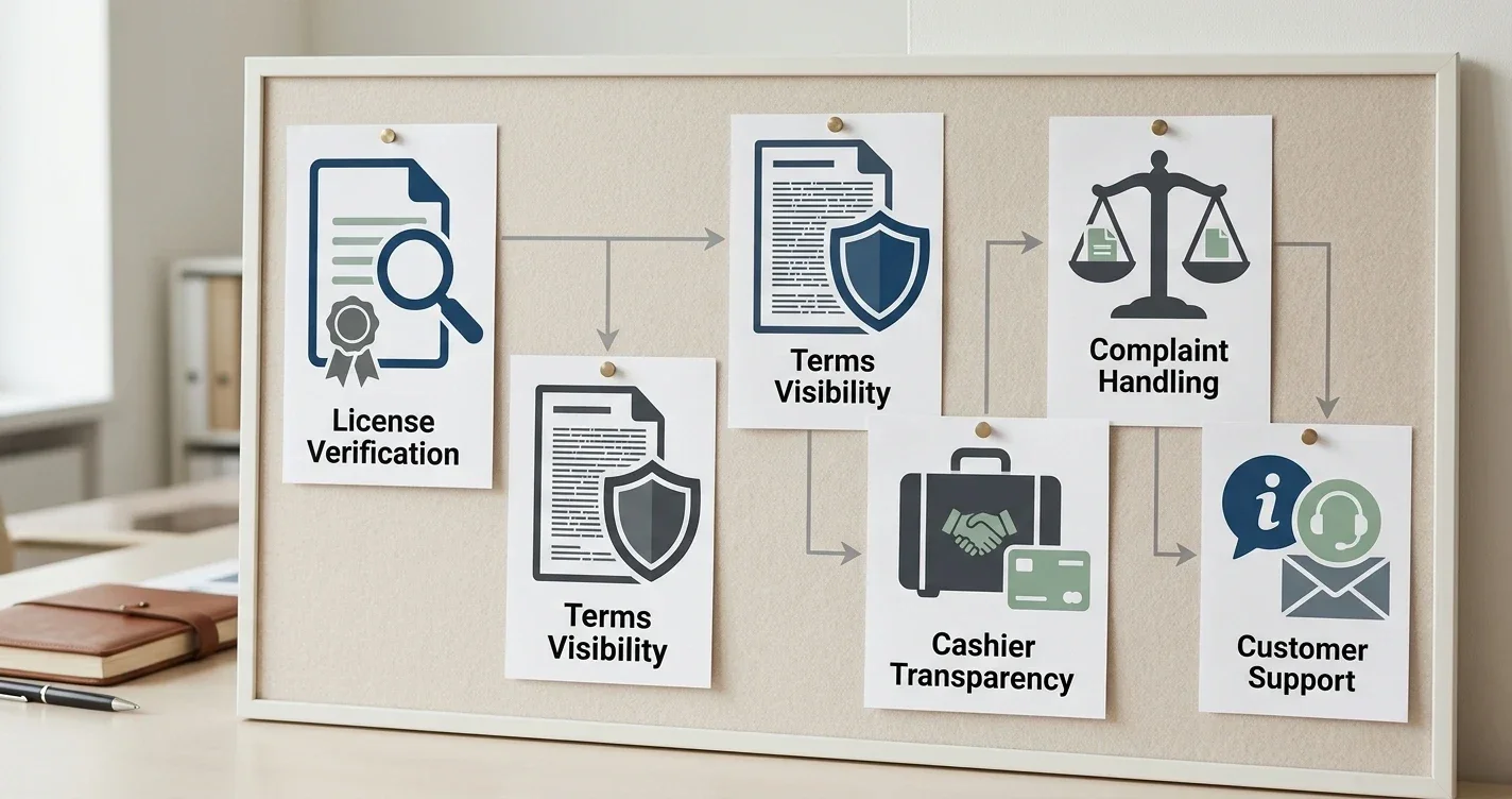 Editorial trust checklist with licence, terms, complaint and support checkpoints